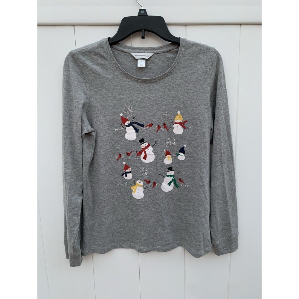 Christopher & Banks Christmas Top Size Small Women Gray Long Sleeve Embellished